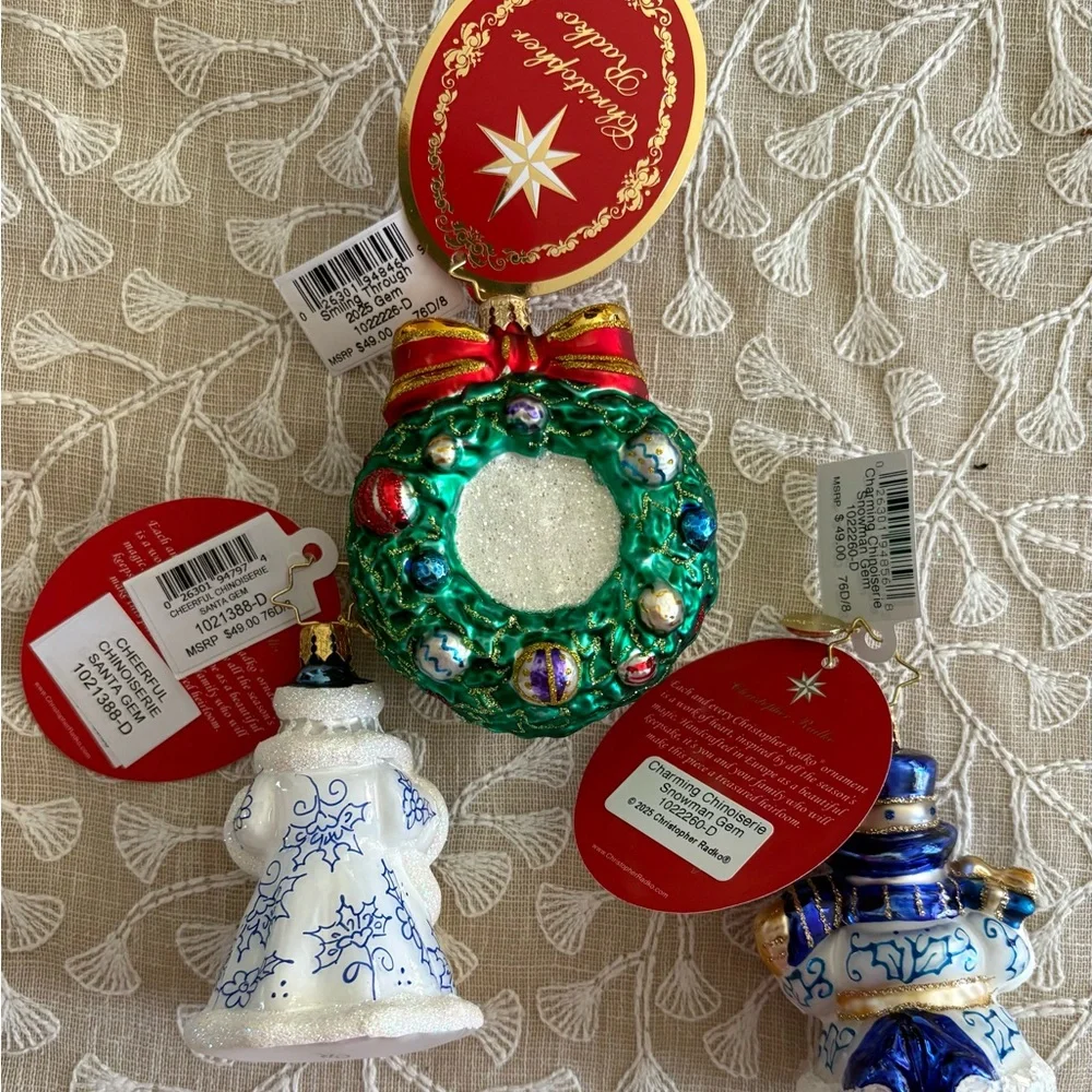 Christopher Radko Santa and Snowman Ornament Trio - Red, Blue, Gold - Picture 2 of 5